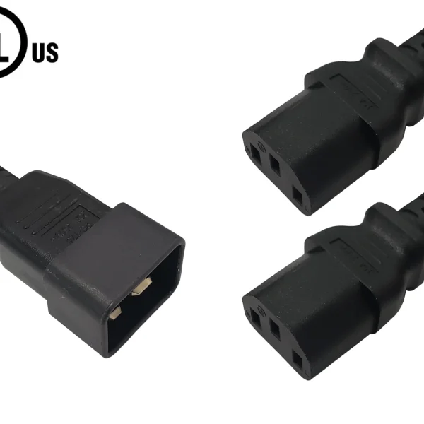 IEC C20 to 2x IEC C13 Power Splitter Cable 12AWG/14AWG (20A/15A 250V)