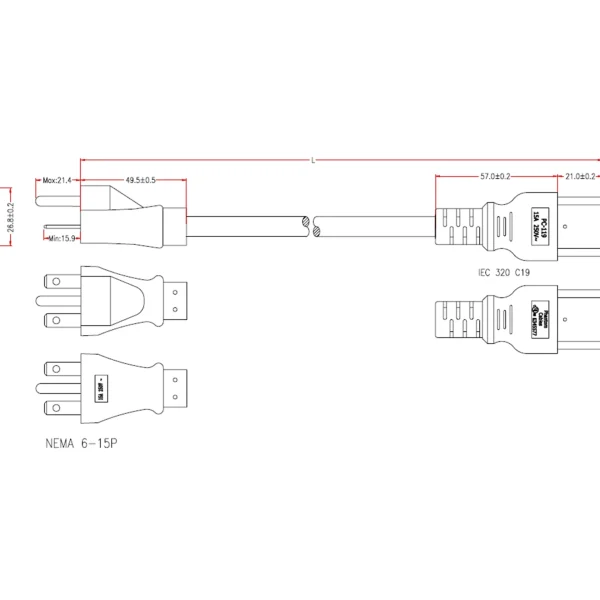 Second image of NEMA 6-15P to C19 Power Cable - SJT 14AWG (15A 250V)